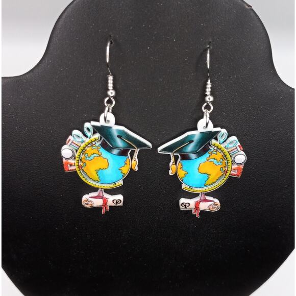 Graduation Globe Earrings Acrylic Teacher Gift School Theme Statement Jewelry - Picture 1 of 2